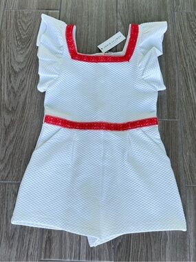NWT Janie and Jack White Knit Romper with Red Trim